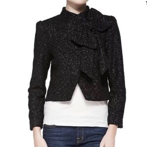 Alice + Olivia Black Metallic Tweed /Satin Cropped Jacket w/Bow Evening Blazer M